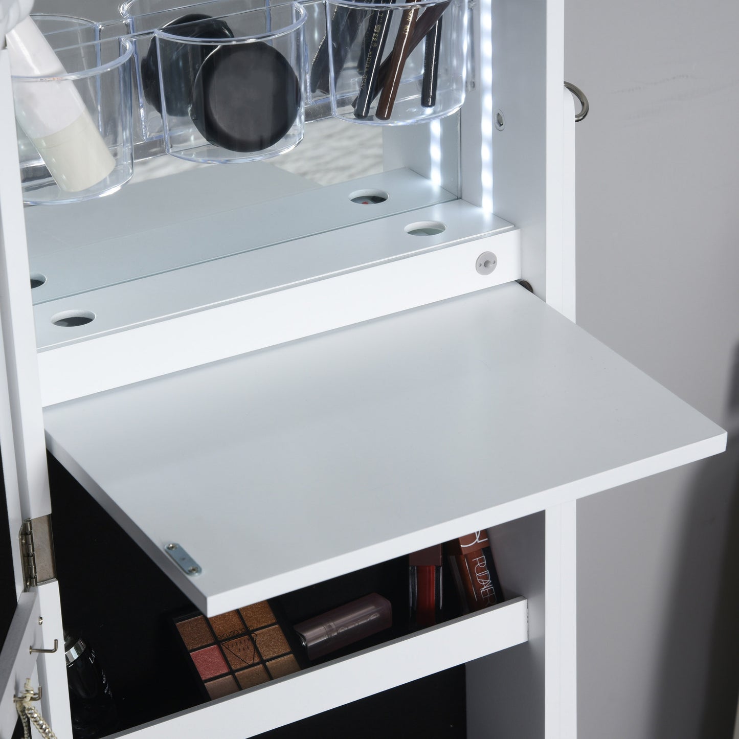 Jewellery Cabinet, Standing Mirror with LED Lights, Full-Length Mirror with Storage Drawers, Hooks and Shelves
