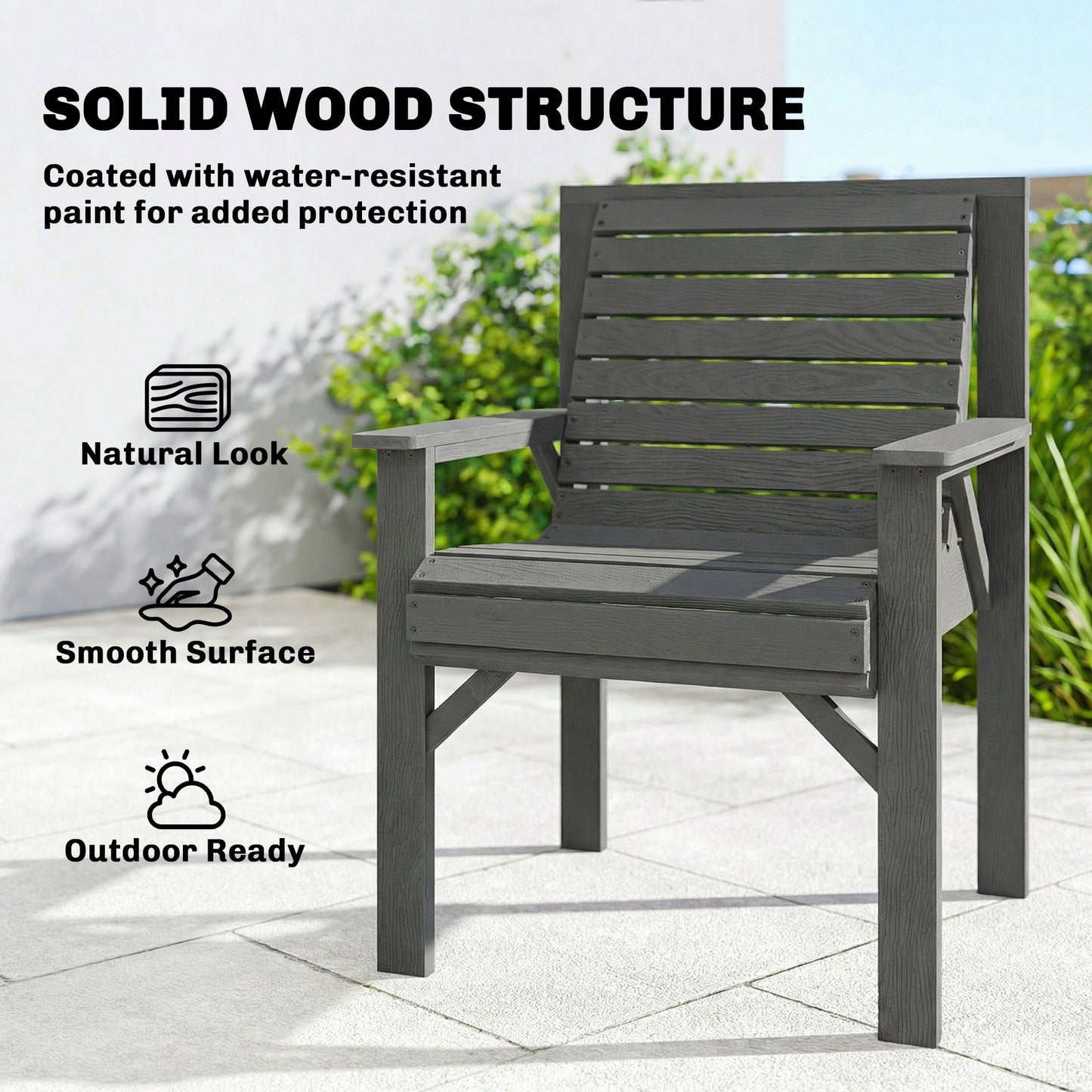 Wooden Garden Dining Chair, Outdoor Chair Garden Armchair with Curved Seat and Wide Armrests, Grey Embossed Finish