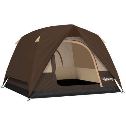 3-4 Person Camping Tent, Easy Set Up 3-4 Man Tent w/ Sewn-in Groundsheet, Waterproof Dome Tent w/ Mesh Windows, Brown