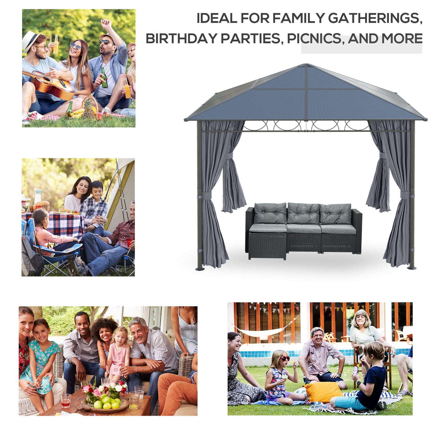 3 x 3(m) Hardtop Gazebo Canopy with Polycarbonate Roof, Permanent Pavilion Garden Gazebo with Curtains for Patio, Deck, Grey