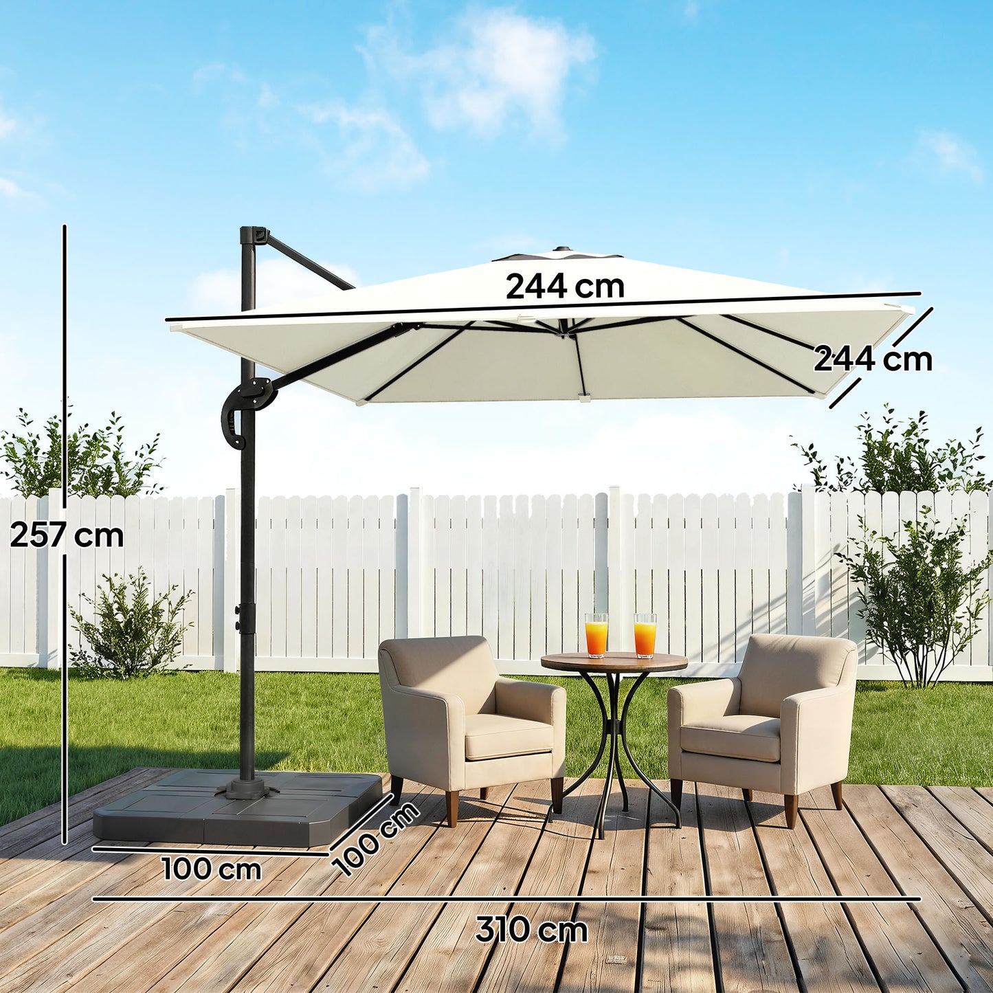 2.4 x 2.4m Cantilever Parasol with Umbrella Weights, UPF50+ Offset Outdoor Umbrella w/ Easy Tilt Adjustment, Cream White