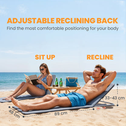 Set of 2 Foldable Garden Beach Chair Mat Lightweight Outdoor Sun Lounger Seats Adjustable Back Metal Frame PE Fabric Head Pil