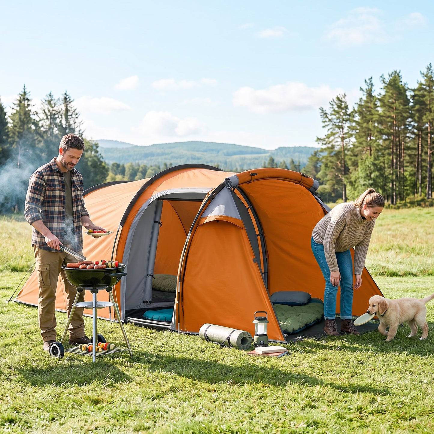 2 Man Tunnel Tent with Sewn-in Groundsheet, Air Vents, Rainfly, 2000mm Large Camping Tent with Bedroom, Porch