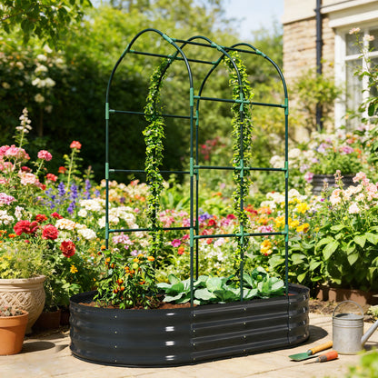 Galvanised Raised Garden Bed with Arched Trellis, 5 x 3 x 6ft Metal Raised Bed for Garden with Open Bottom, Dark Grey