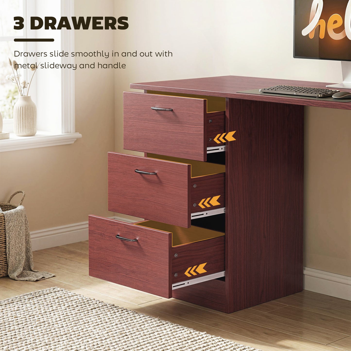 Computer Desk, Writing Table, PC Workstation with 3 Storage Shelves and Drawers, Handle, for Home Office, Walnut Brown