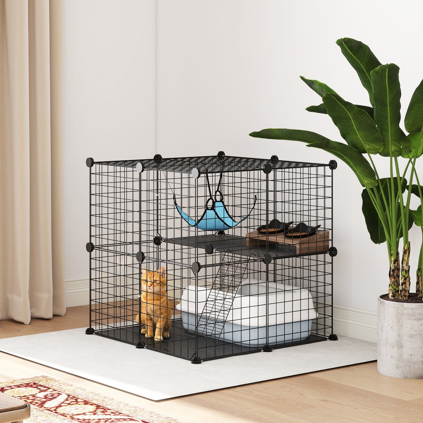 Indoor Cat Cage DIY Customizable 2-Tier Indoor Cat Enclosure with 2 Doors and Hammock 70 cm Black