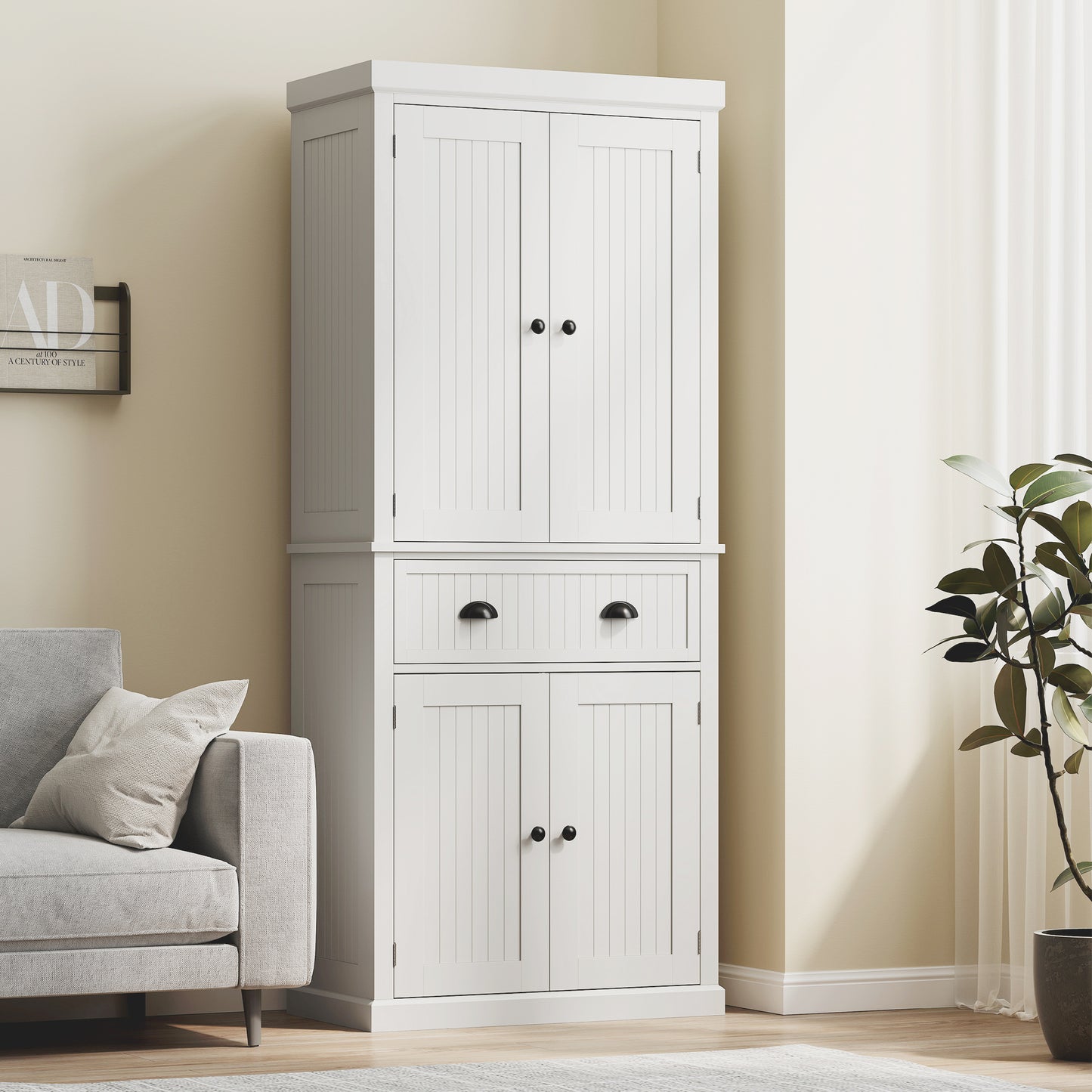Kitchen Storage Cabinet with Drawer and Adjustable Shelves - White