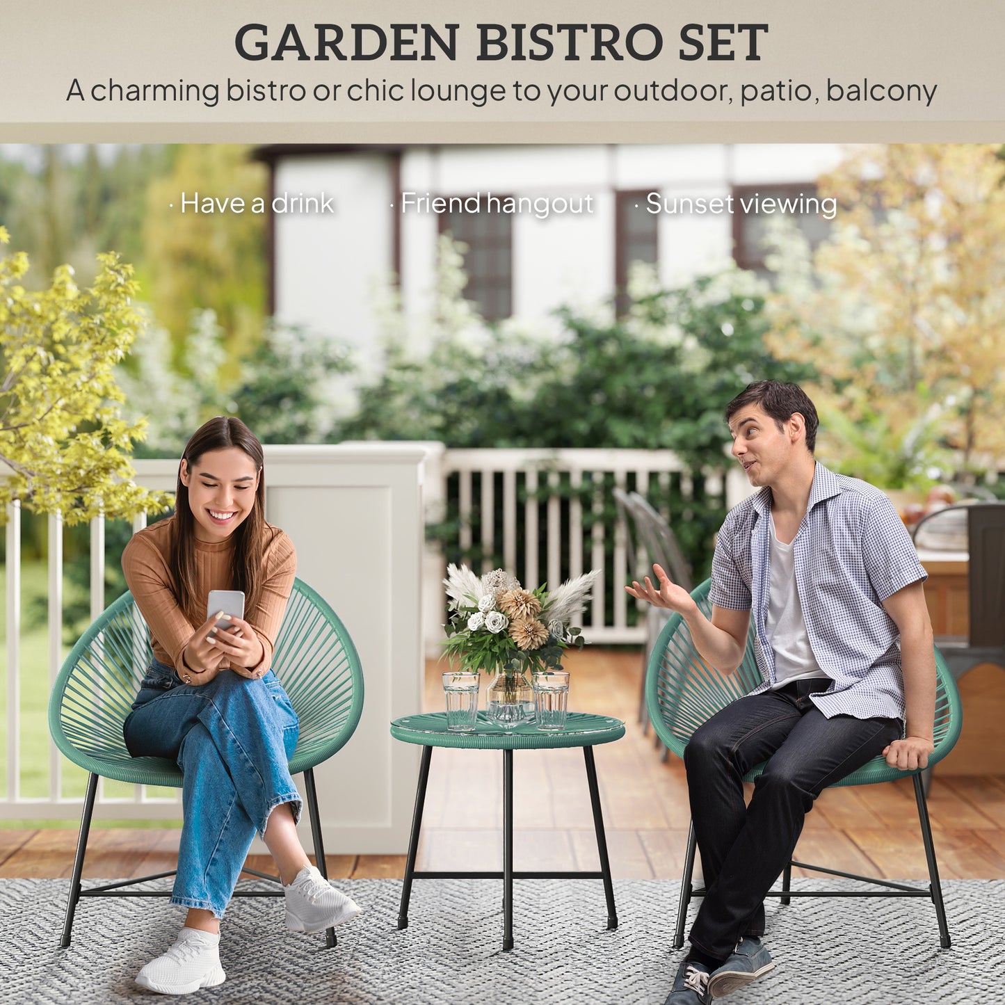 Rattan Bistro Set with Acapulco Chairs and Glass Table, Green