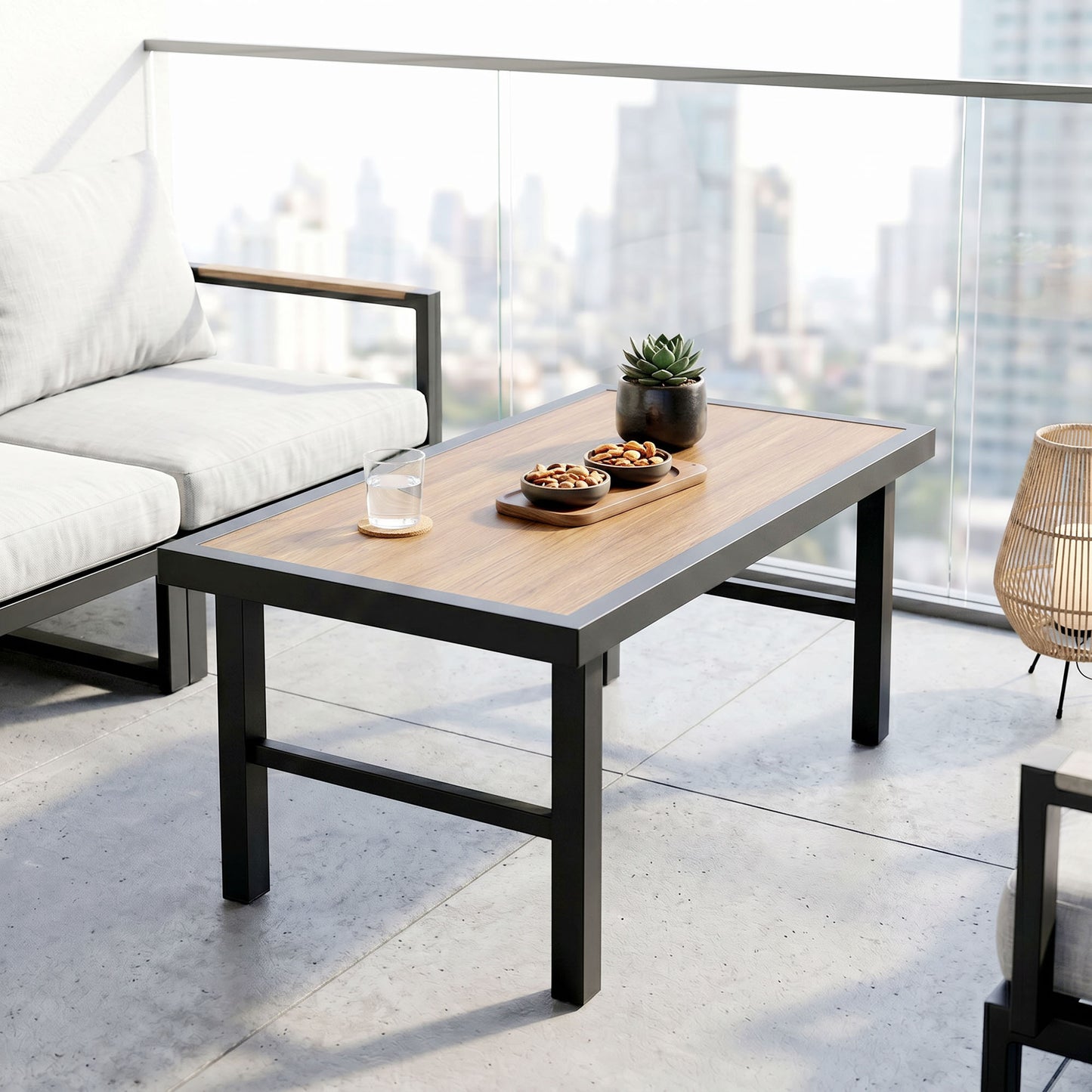 Metal Garden Coffee Table, Outdoor Side Table with SPC Woodgrain Tabletop for Outside, Garden, Balcony, Porch