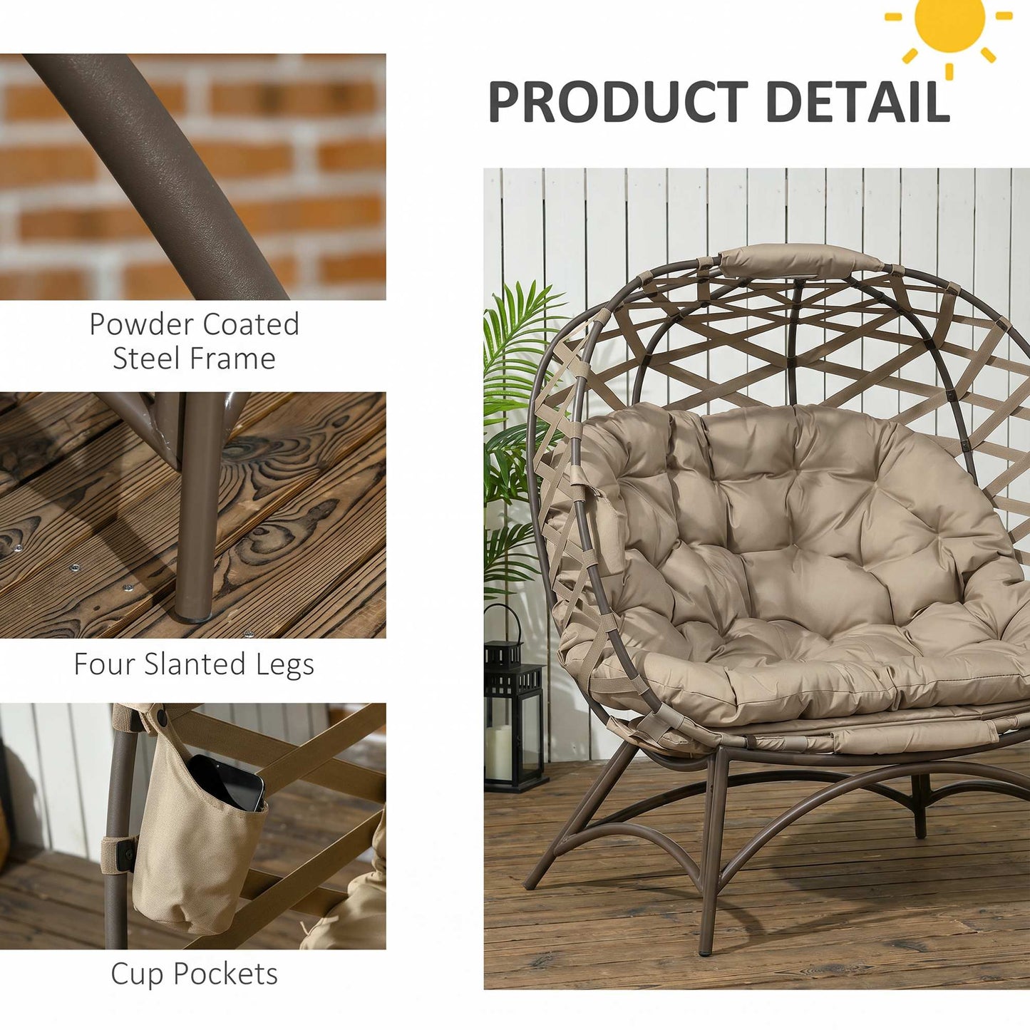 2 Seater Egg Chair Outdoor, Folding Weave Garden Furniture Chair with Cushion, Cup Pockets - Khaki