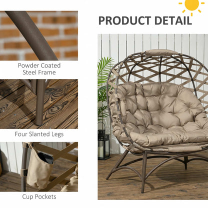 2 Seater Egg Chair Outdoor, Folding Weave Garden Furniture Chair with Cushion, Cup Pockets - Khaki