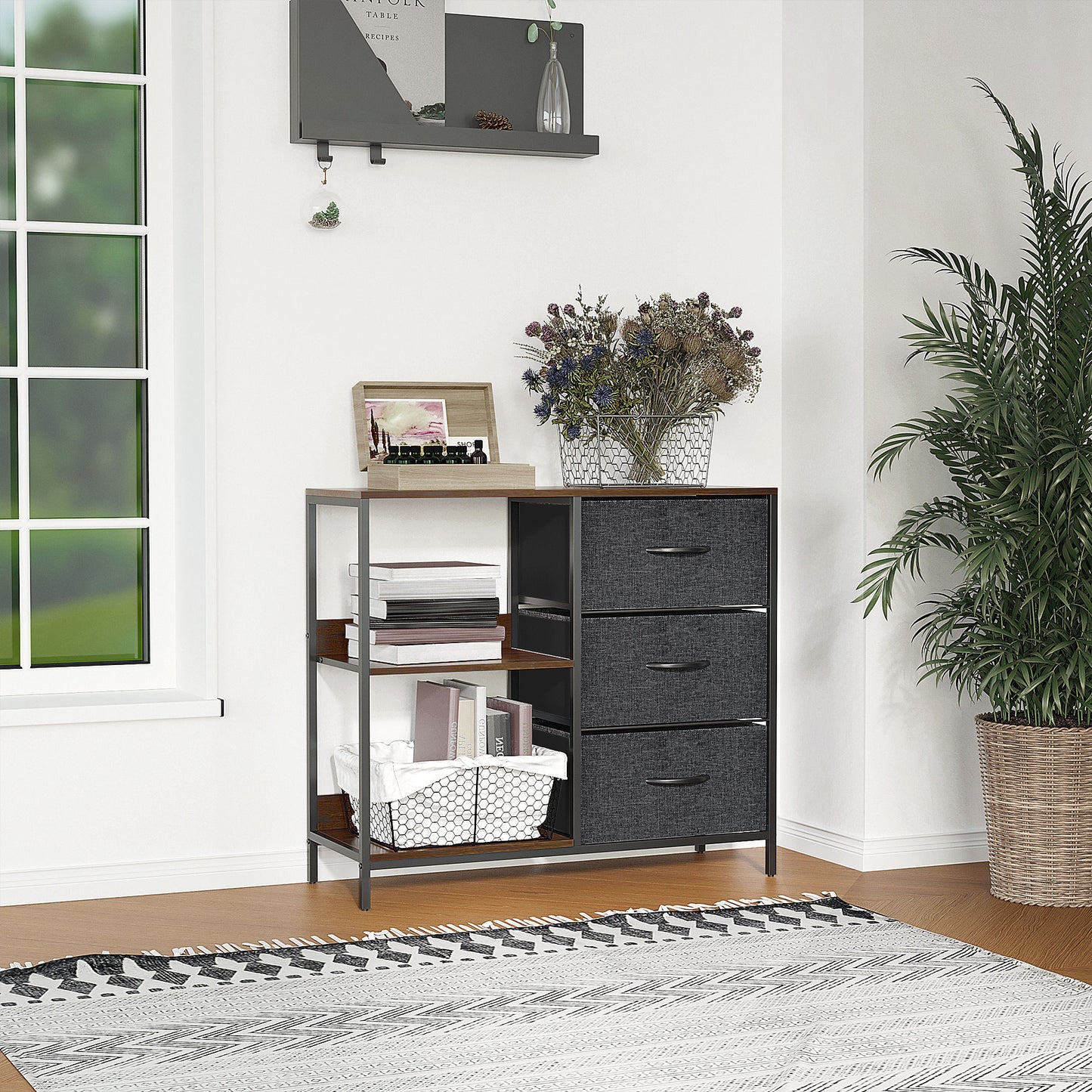 Chest of Drawers Storage Dresser Cabinet Organizer with 3 Fabric Drawers and 2 Display Shelves for Living Room, Bedroom