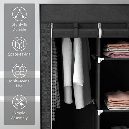 Foldable Fabric Wardrobe for Bedroom, Portable Wardrobe with 5 Shelves, 2 Hanging Rails and 3 Fabric Drawers, Black
