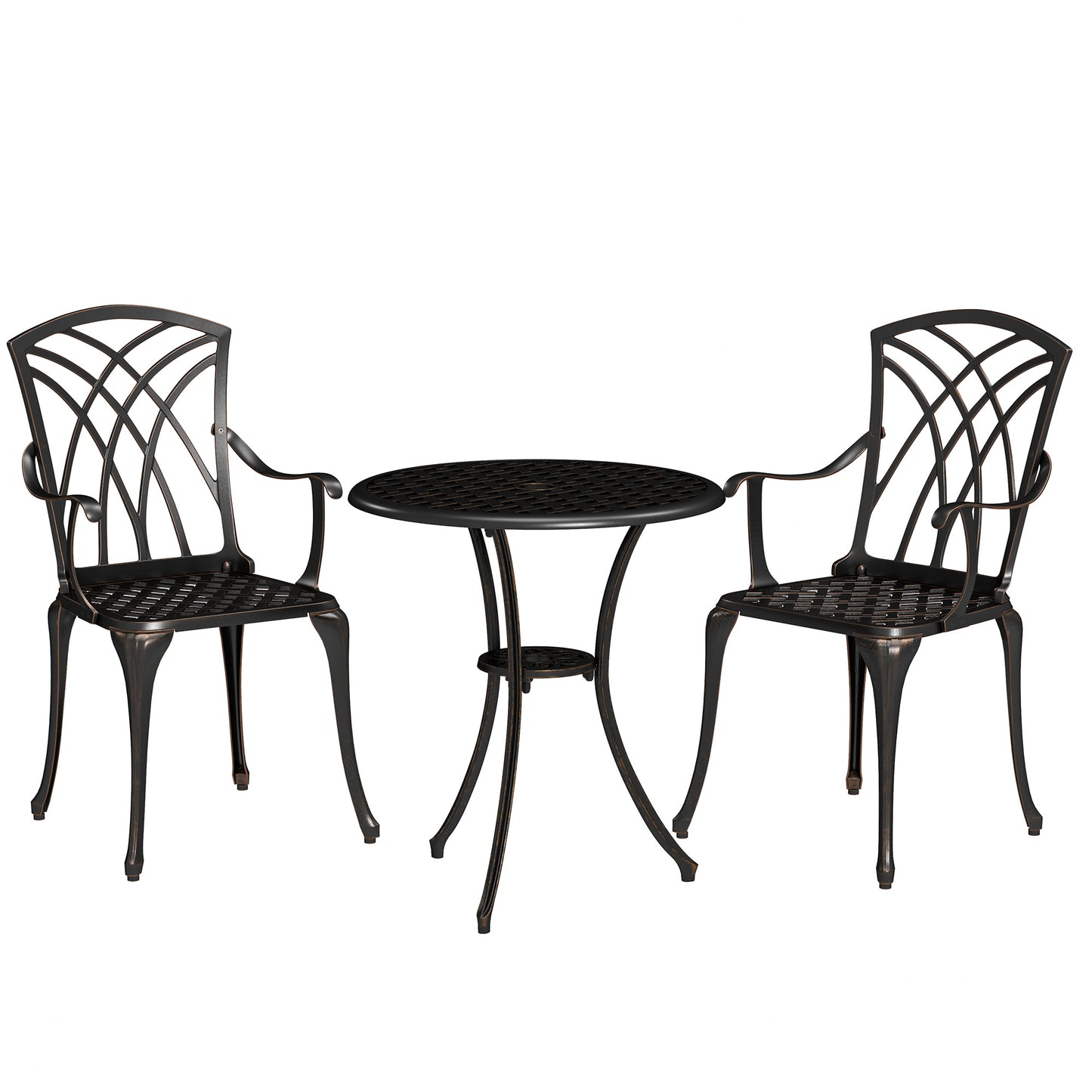 3 Pieces Garden Dining Set for 2, Cast Aluminium Outdoor Dining Set with 2 Armchairs and Round Dining Table with Parasol Hole