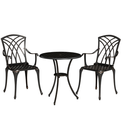 3 Pieces Garden Dining Set for 2, Cast Aluminium Outdoor Dining Set with 2 Armchairs and Round Dining Table with Parasol Hole