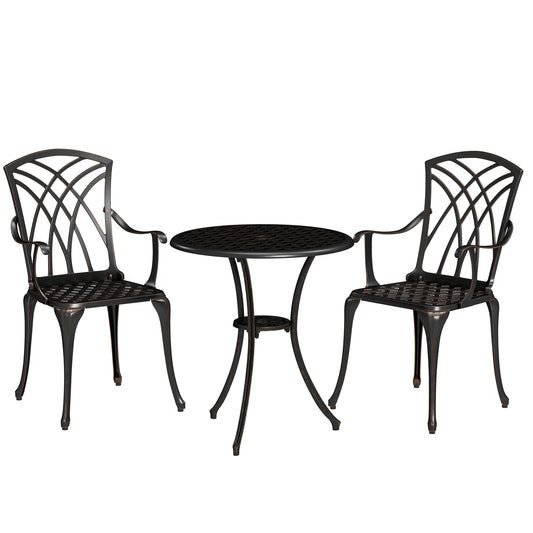 3 Pieces Garden Dining Set for 2, Cast Aluminium Outdoor Dining Set with 2 Armchairs and Round Dining Table with Parasol Hole