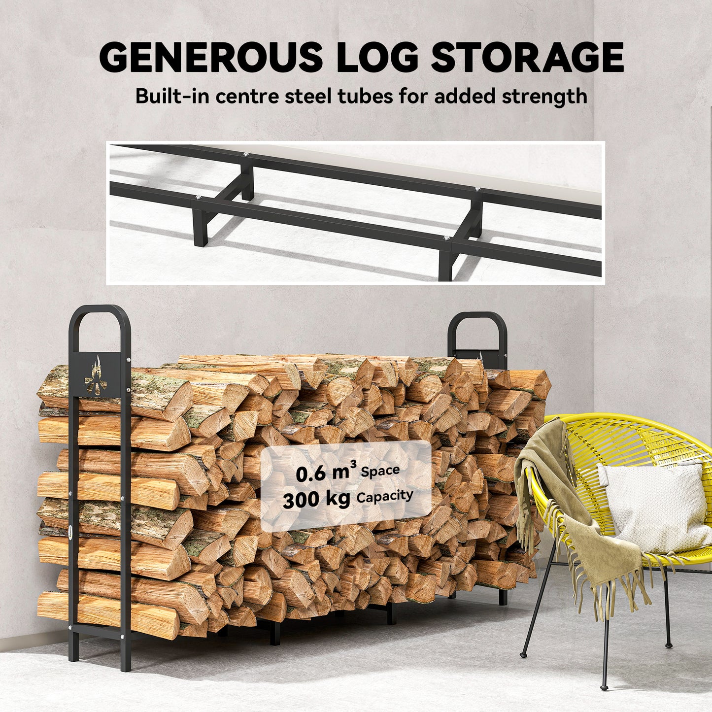6.5 FT Steel Firewood Log Rack with 300 kg Capacity, Heavy Duty Indoor Outdoor Fireplace Wood Storage Shelf
