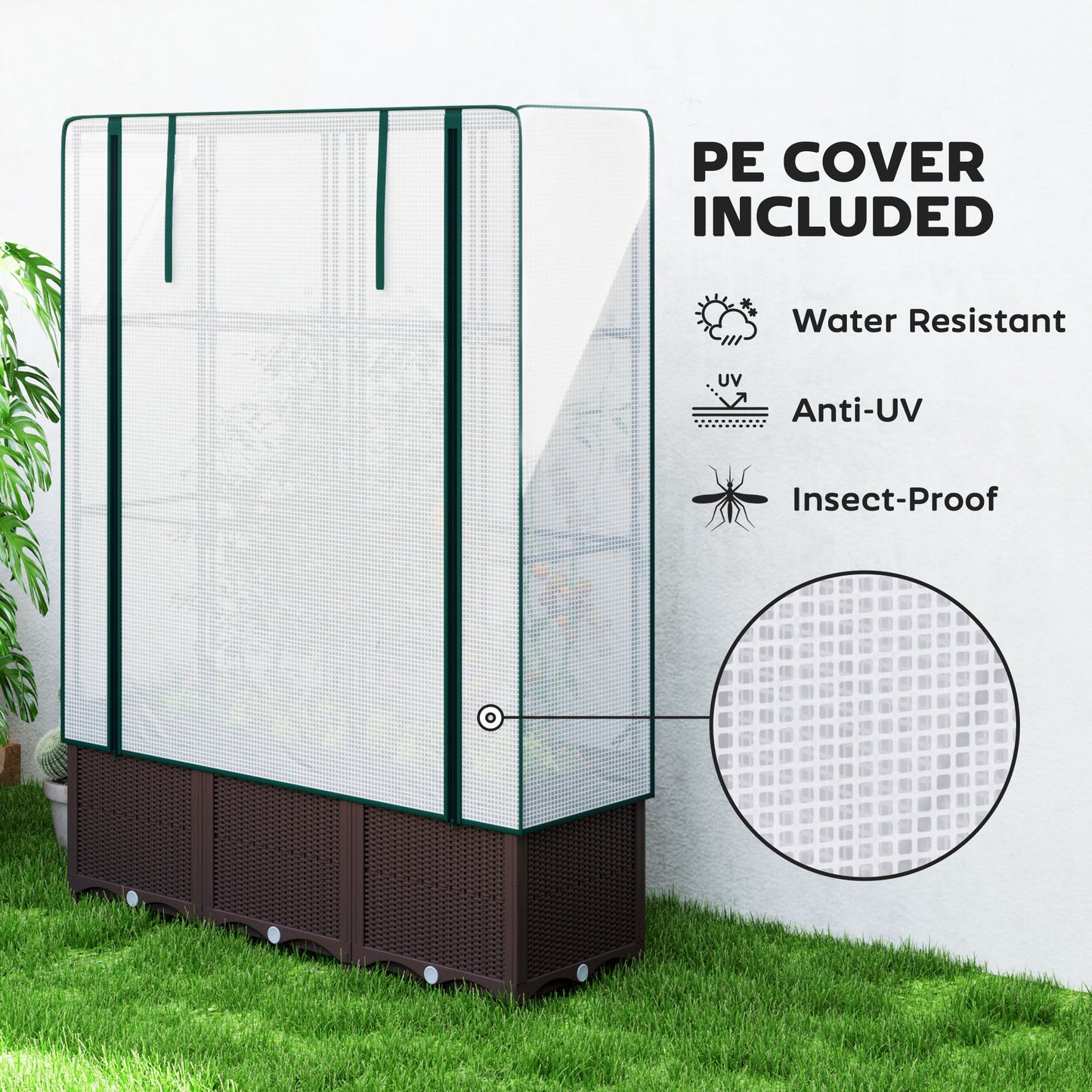 Raised Garden Bed with Trellis, Plastic Planter Box with PE Cover, Drainage Holes