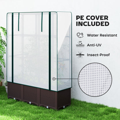 Raised Garden Bed with Trellis, Plastic Planter Box with PE Cover, Drainage Holes
