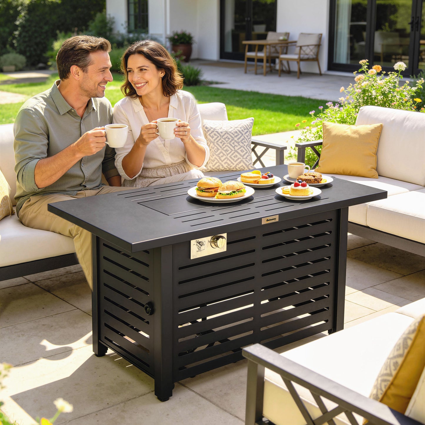Propane Gas Fire Pit Table, Outdoor Firepit with 43" Steel Tabletop and Lid, 50