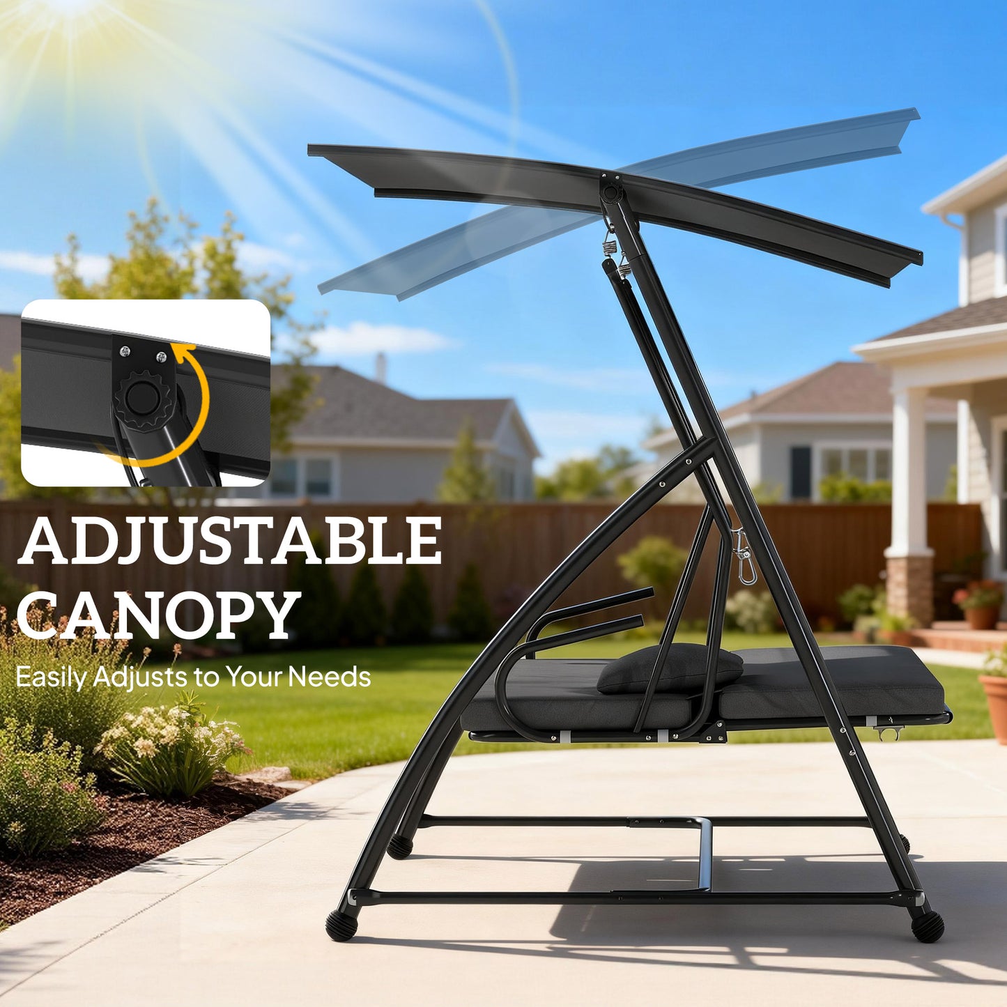 Outdoor 2-in-1 Swing Chair Lounger 3 Seater Garden Swing Seat Bed Convertible Tilt Canopy W/ Cushion, Dark Grey