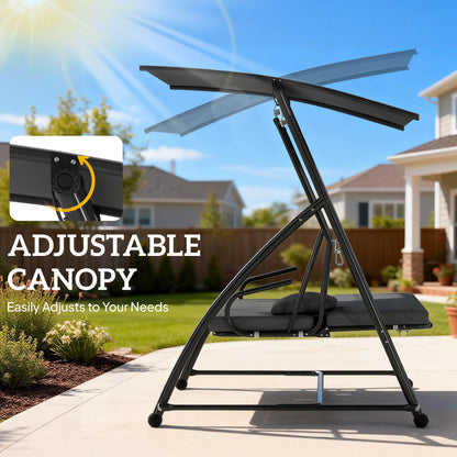 Outdoor 2-in-1 Swing Chair Lounger 3 Seater Garden Swing Seat Bed Convertible Tilt Canopy W/ Cushion, Dark Grey