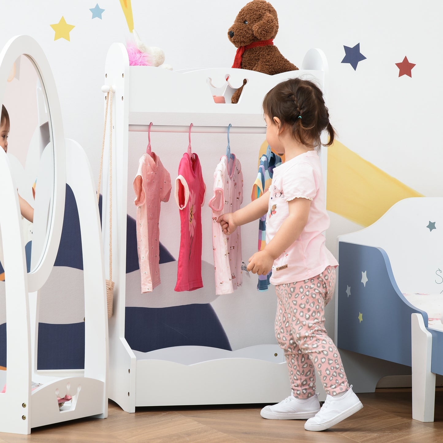 Kids Clothes Rail Wooden Hanging Rack with Storage Shelves Children Garment Freestanding Wardrobe for 3-8 Years Toddler
