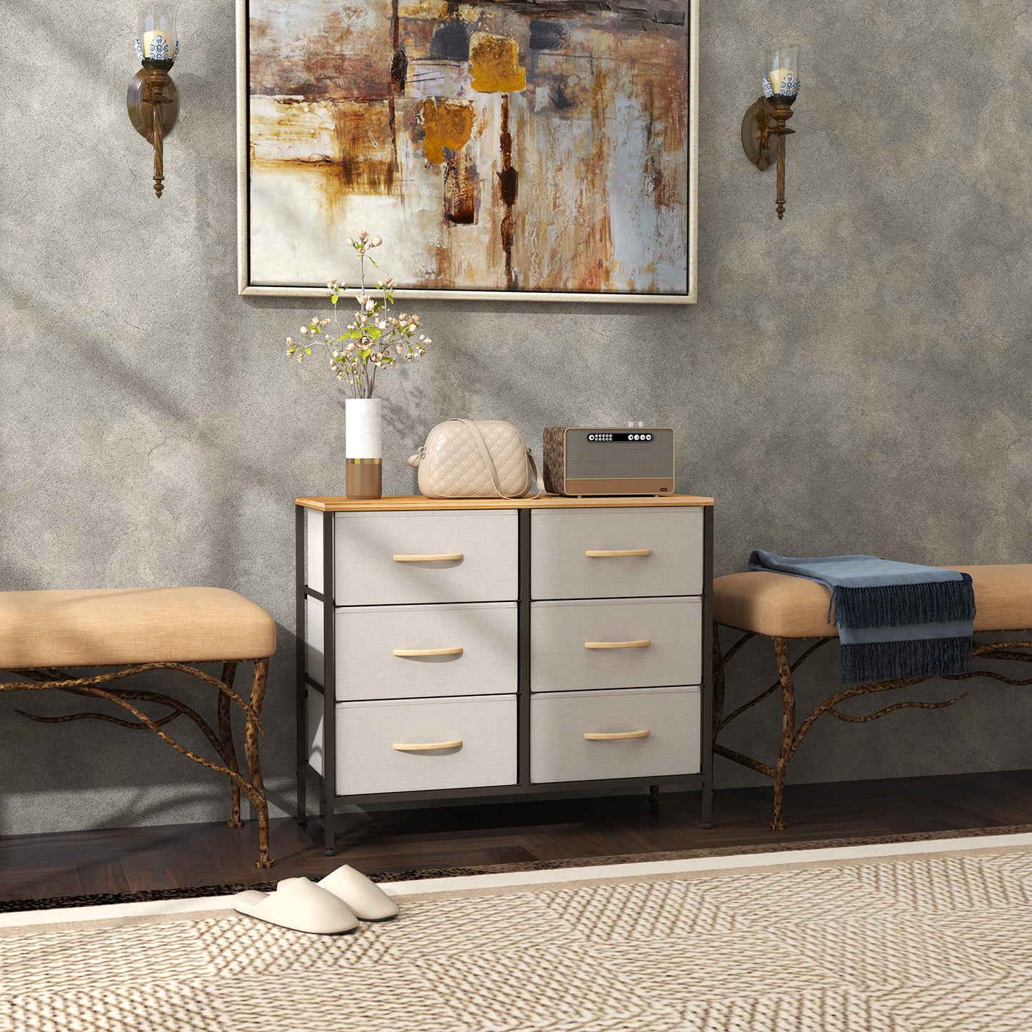 Fabric Chest of Drawers, Industrial Bedroom Dresser with 6 Fabric Drawers, Steel Frame and Wooden Top for Nursery