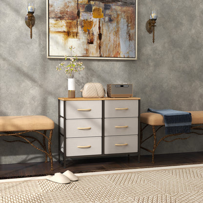 Fabric Chest of Drawers, Industrial Bedroom Dresser with 6 Fabric Drawers, Steel Frame and Wooden Top for Nursery