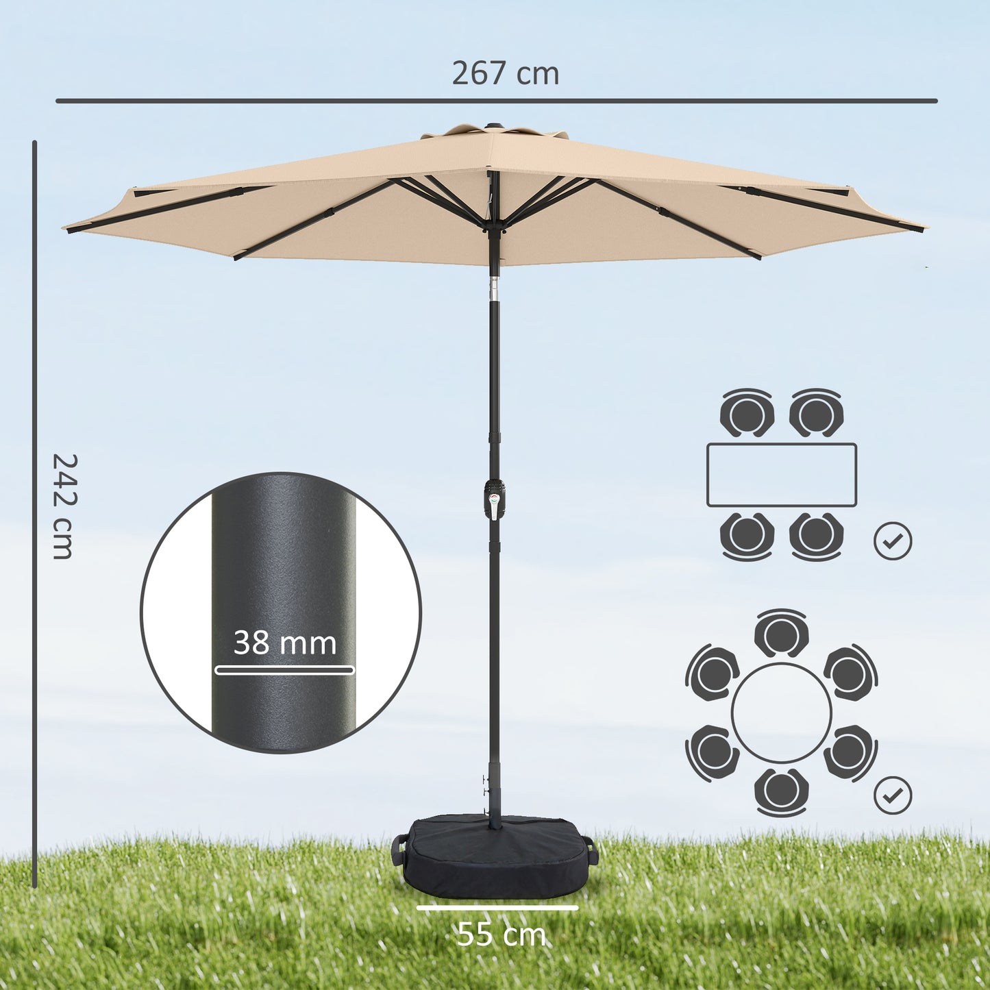 2.7 m Garden Parasol Umbrella with Cross Base and Sandbag, Retractable Ribs, Outdoor Table Market Umbrella, Khaki
