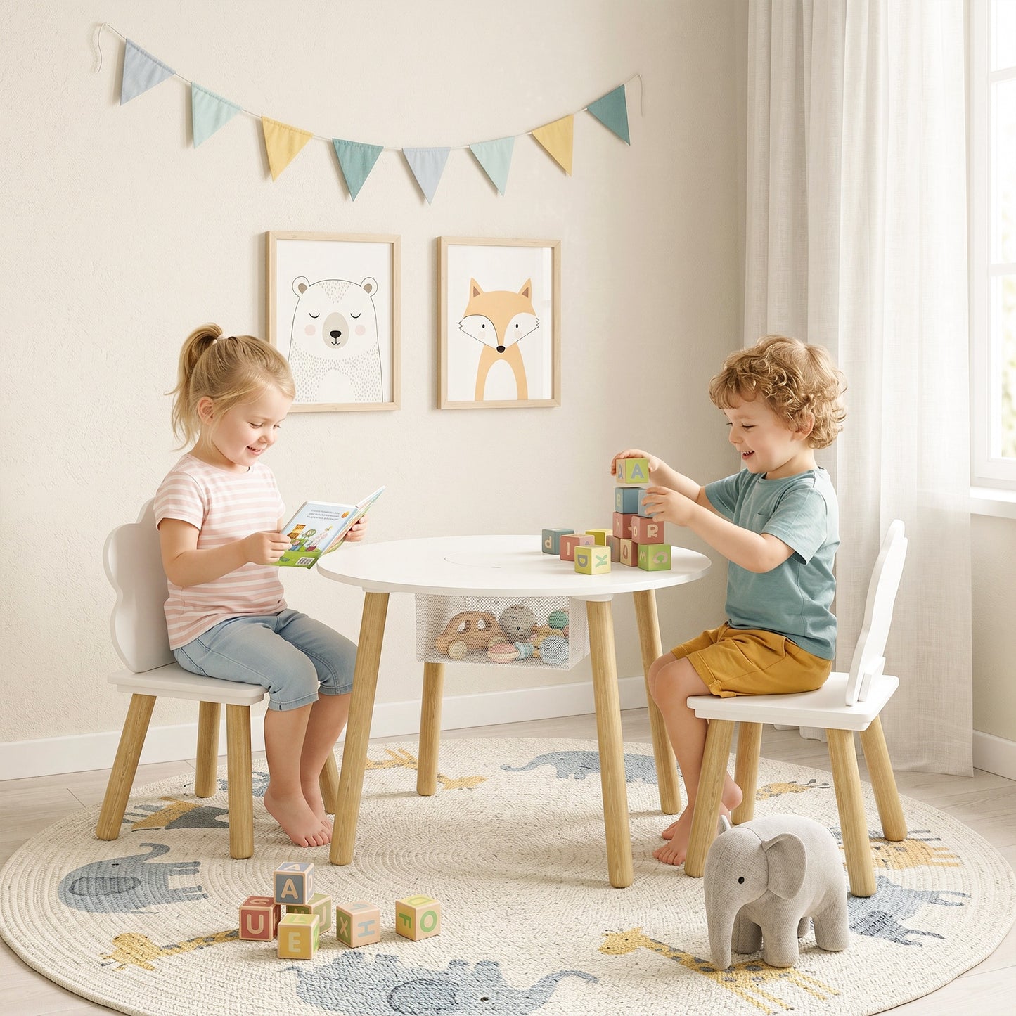 Kids Table and Chairs Set with Storage Bag Toddler Table and Chairs Set 3 Piece for Playroom White