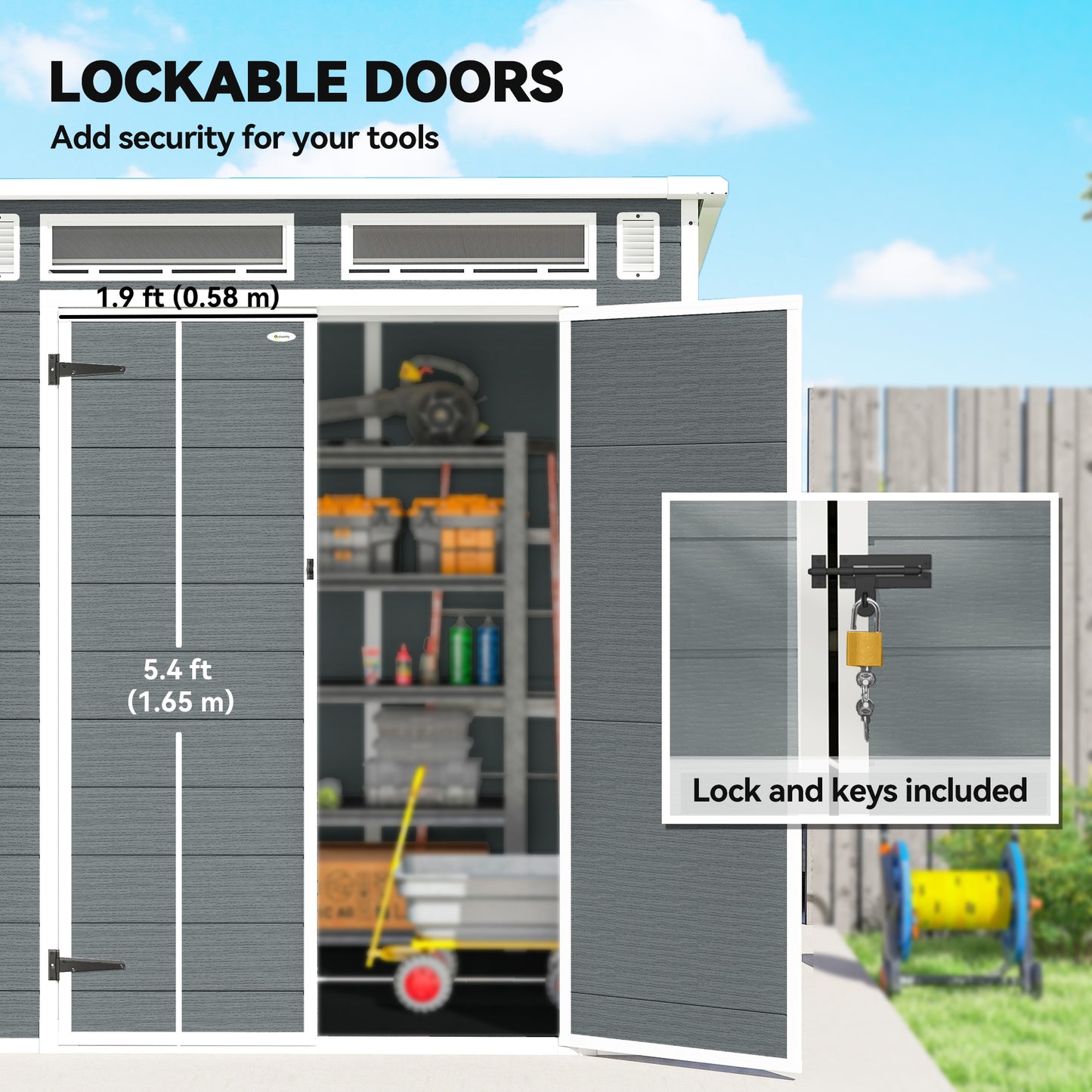 6 x 6 ft Plastic Garden Shed, Wood-Effect Outdoor Storage Shed with Floor, Windows, Lockable Doors and Vents, Grey