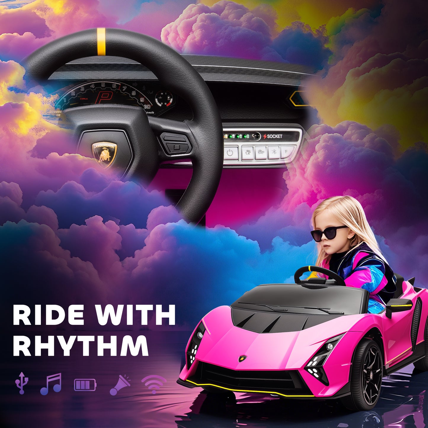 12V Lamborghini Autentica Licensed Kids Electric Car with Remote Control, 4 Suspension Wheels, Soft Start, Pink