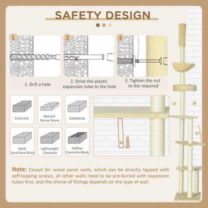 230-250cm Floor-to-Ceiling Climbing Cat Tree Tower - Beige