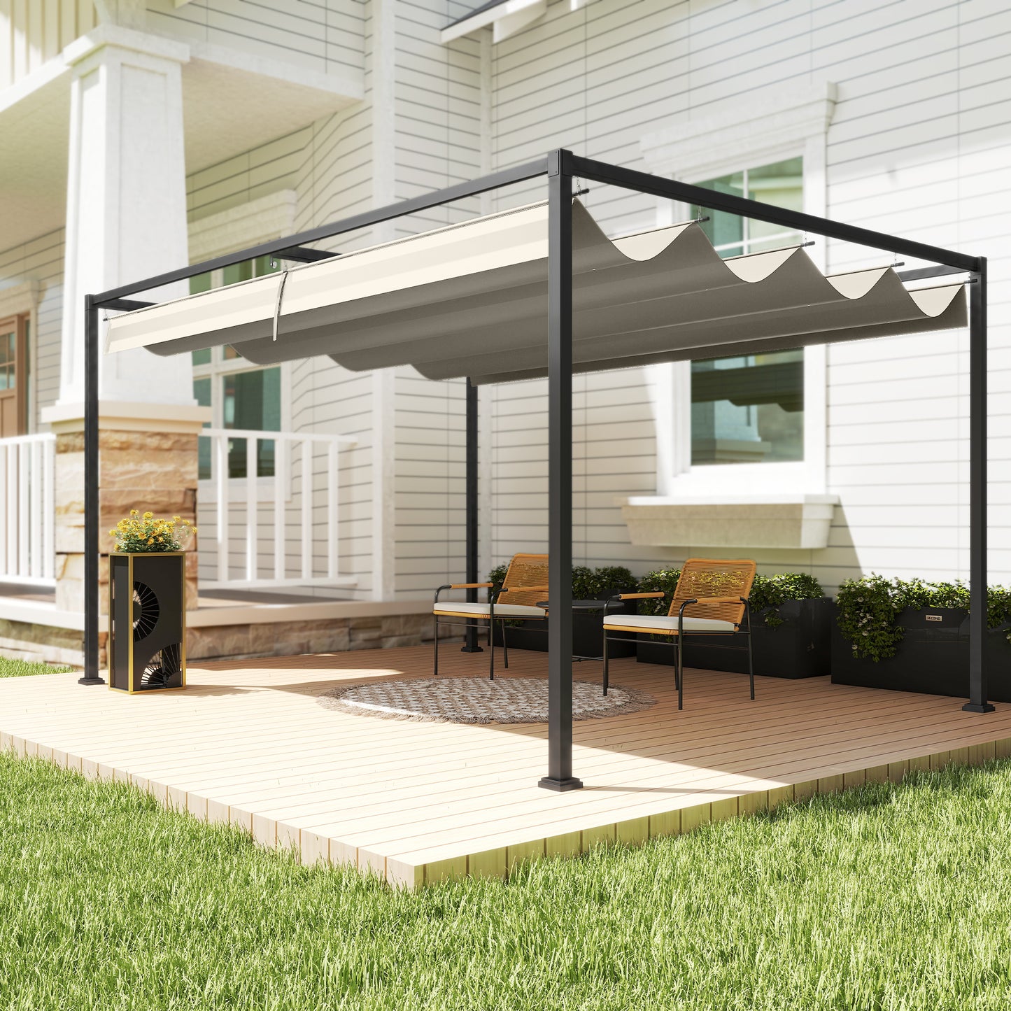 3x2m Metal Pergola with Retractable Roof, Garden Gazebo Canopy Shelter for Outdoor, Patio, Cream White