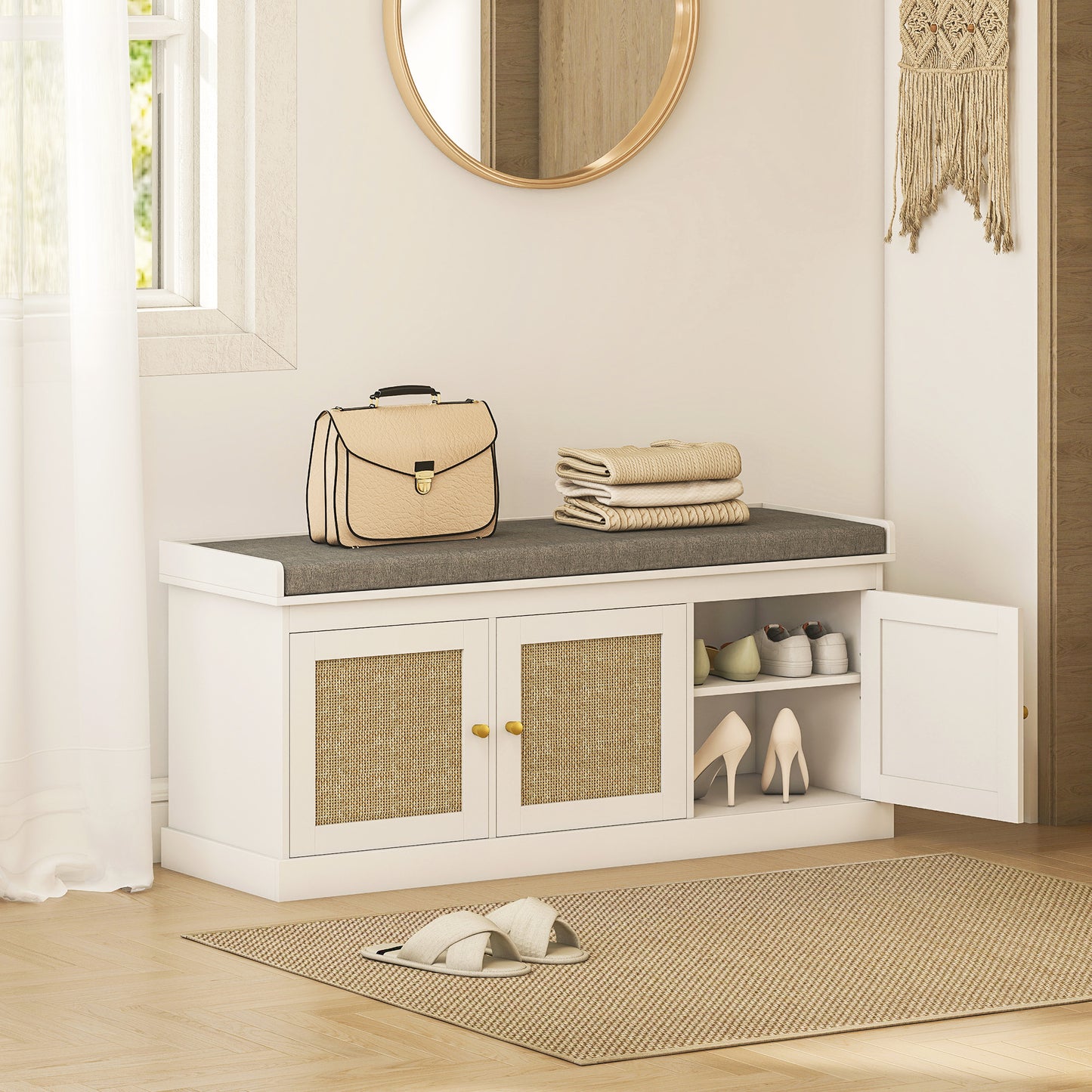 Shoe Storage Bench with Woven Rattan Doors, Seat - White