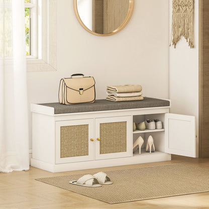 Shoe Storage Bench with Woven Rattan Doors, Seat - White