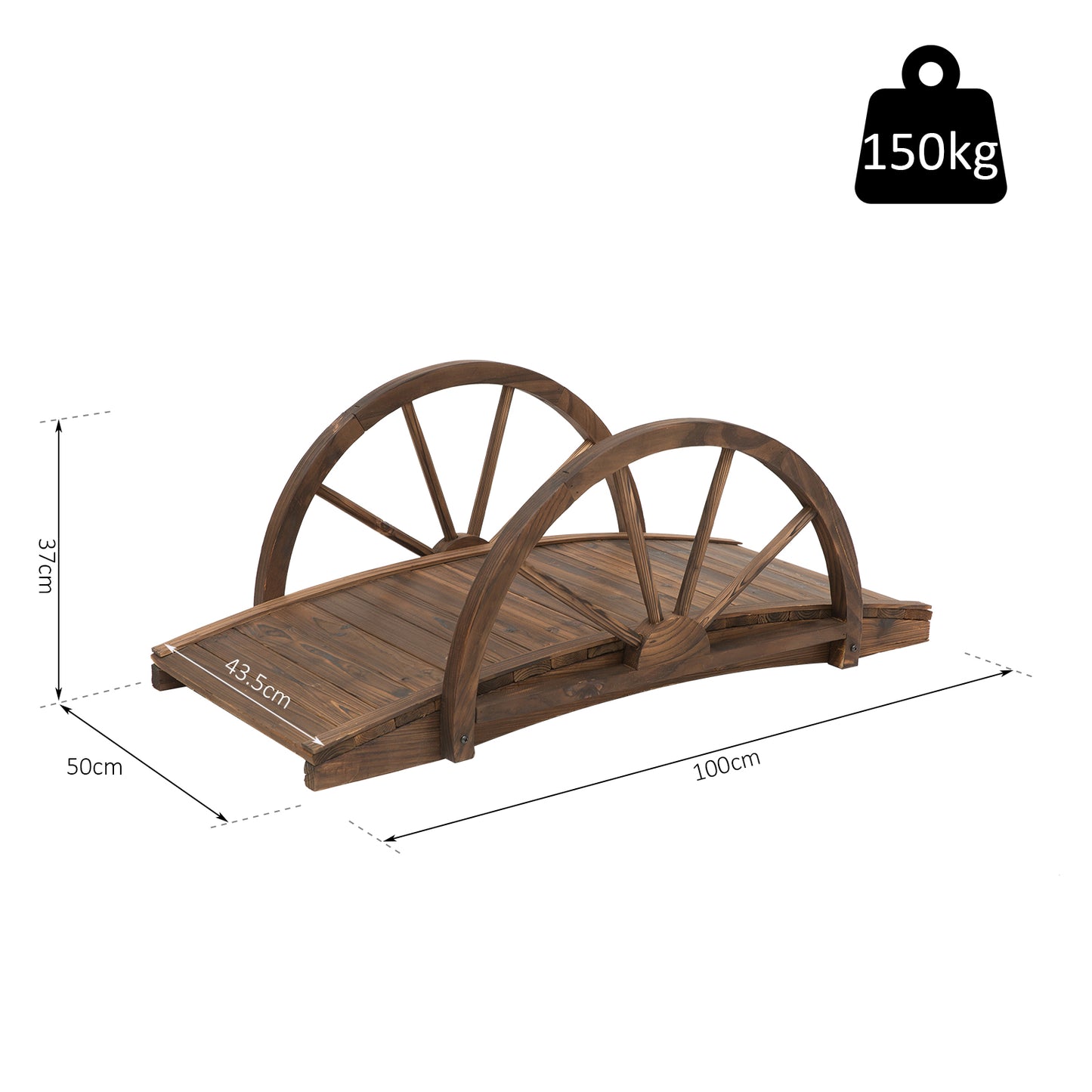 Wooden Garden Bridge Lawn Décor Stained Finish Arc Outdoor Pond WalkwayYard Decoration Half Wheeled Railings 100L x 50W x 37H