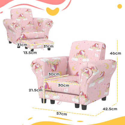 2 Piece Kids Sofa Set with Unicorn Design, Wooden Frame, for 1.5-3 Years Old, Pink