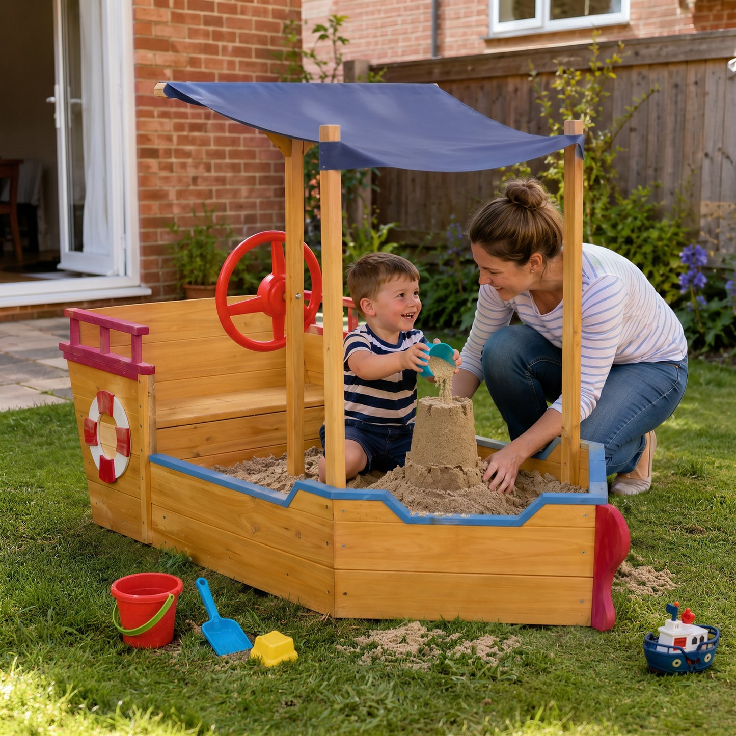 Sand Pit, Kids Wooden Sandbox Pirate Ship, Sandboat Play Station with Canopy Shade