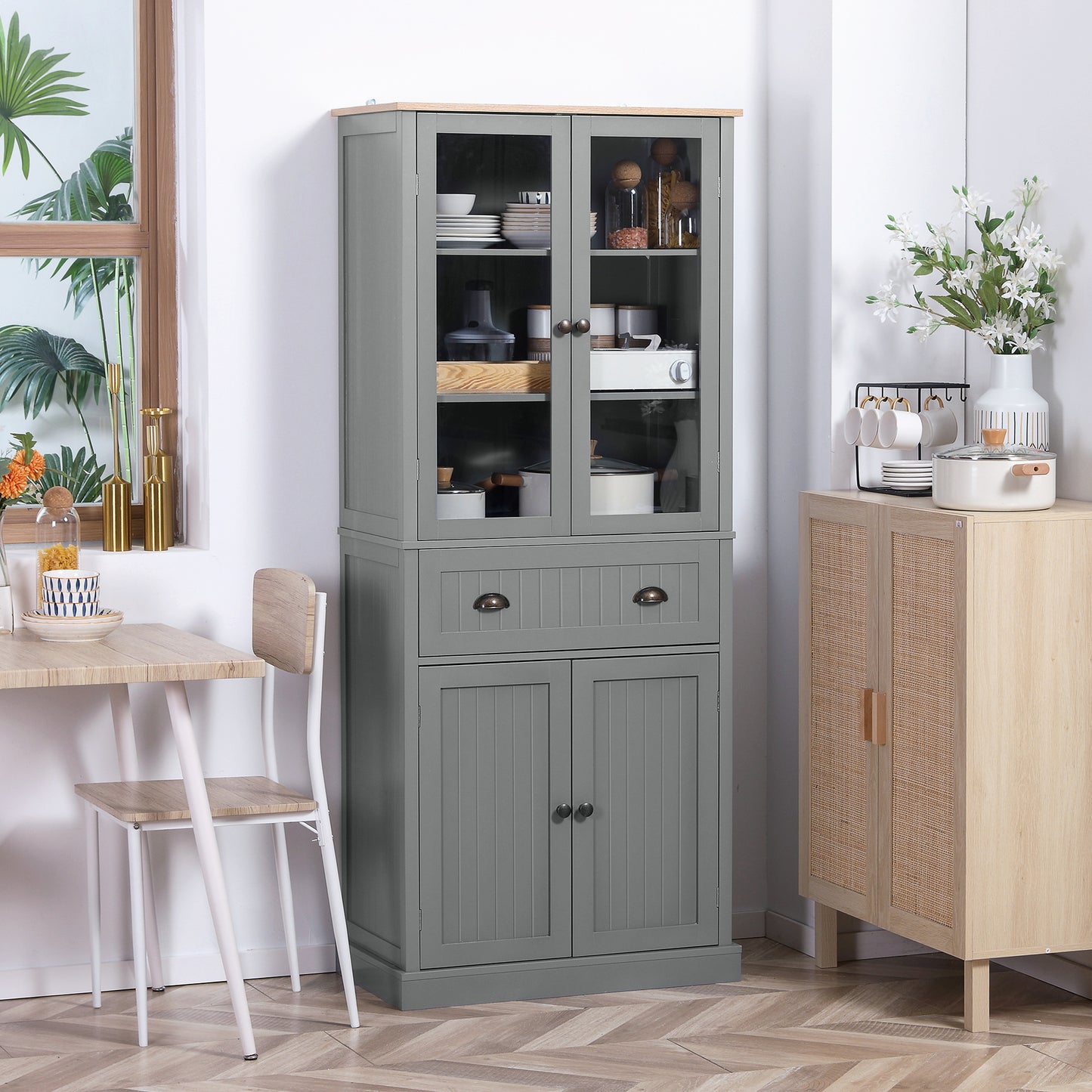 180cm Tall Kitchen Pantry Cupboard, Freestanding Storage Cabinet with 5 Tier, Adjustable Shelves, Drawer, Grey