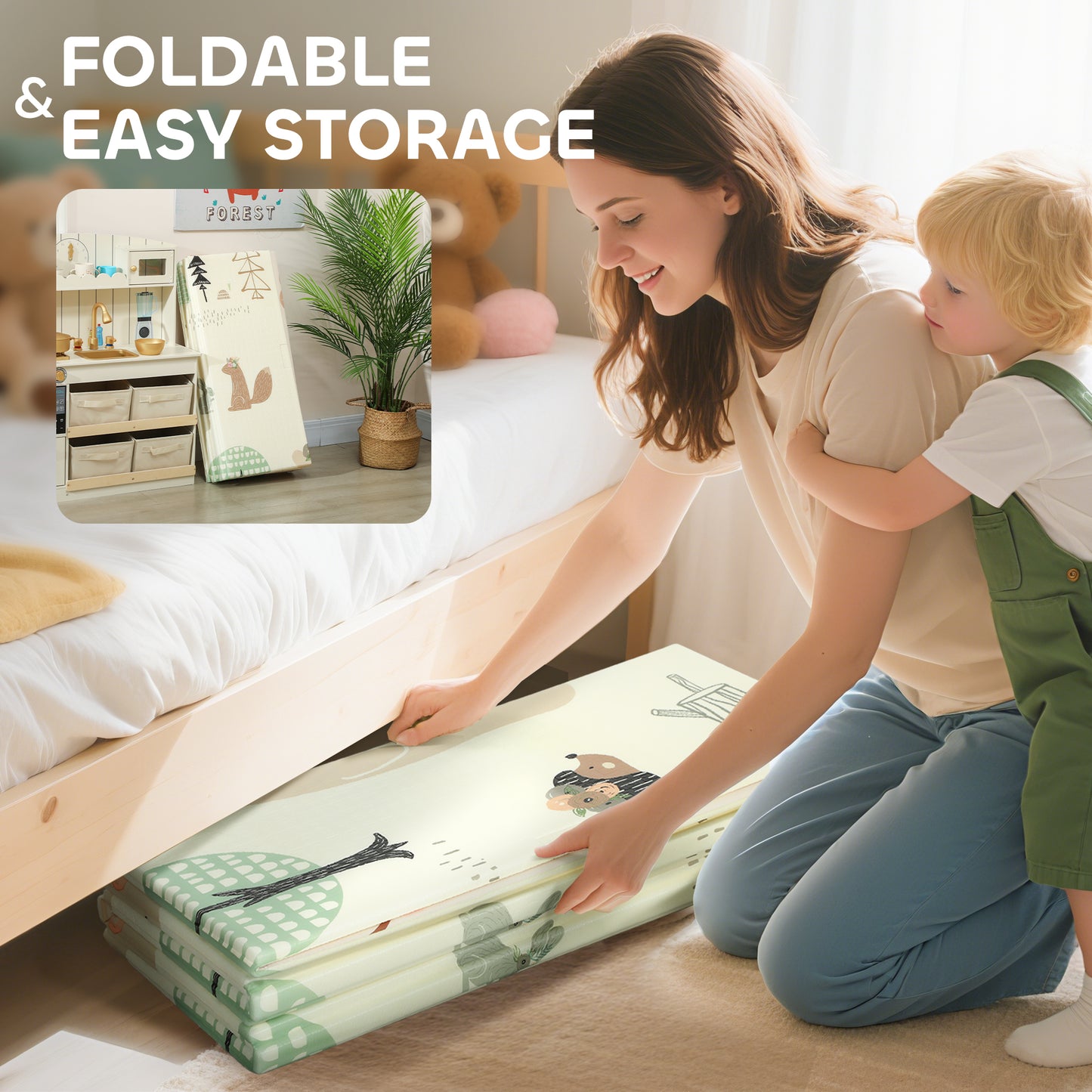 Baby Play Mat, Double Sideded Foldable Kids Crawling Mat, Reversible & Waterproof, Animal