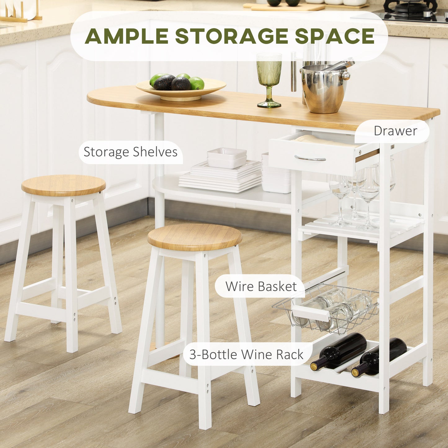 3 Piece Bar Table Set, Breakfast Bar table and Stools with Storage Shelf, Drawer, Wire Basket and Wine Rack for Kitchen