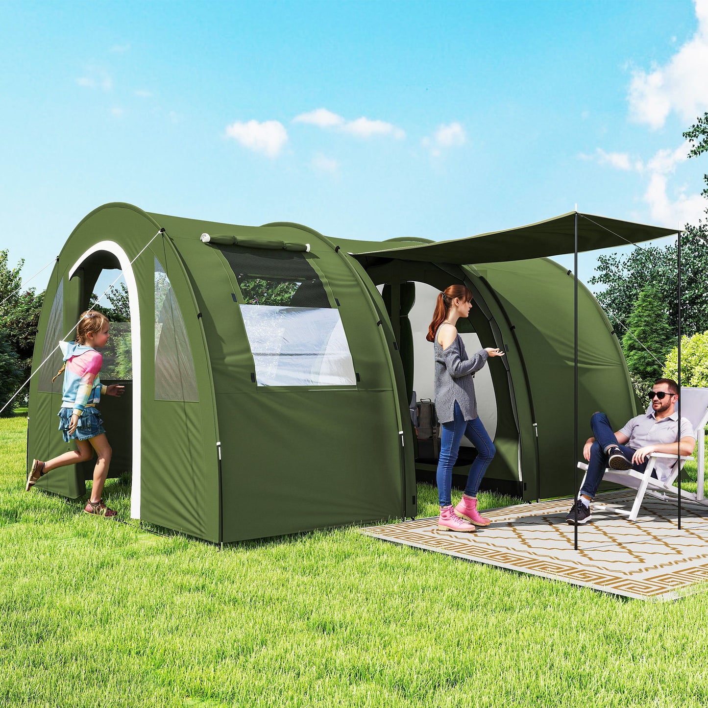 4 Man Camping Tent with 2 Room, Floor and Carry Bag - Green
