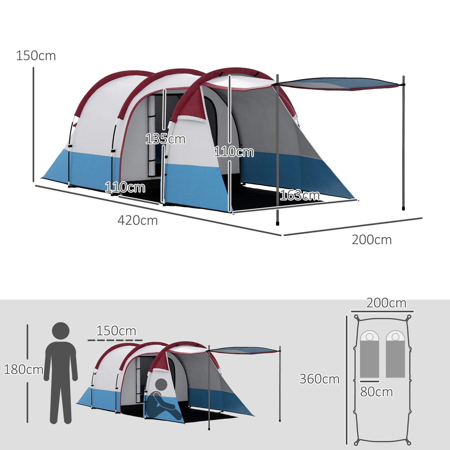 Two Man Two-Room Tent, with Porch and Accessories - Red