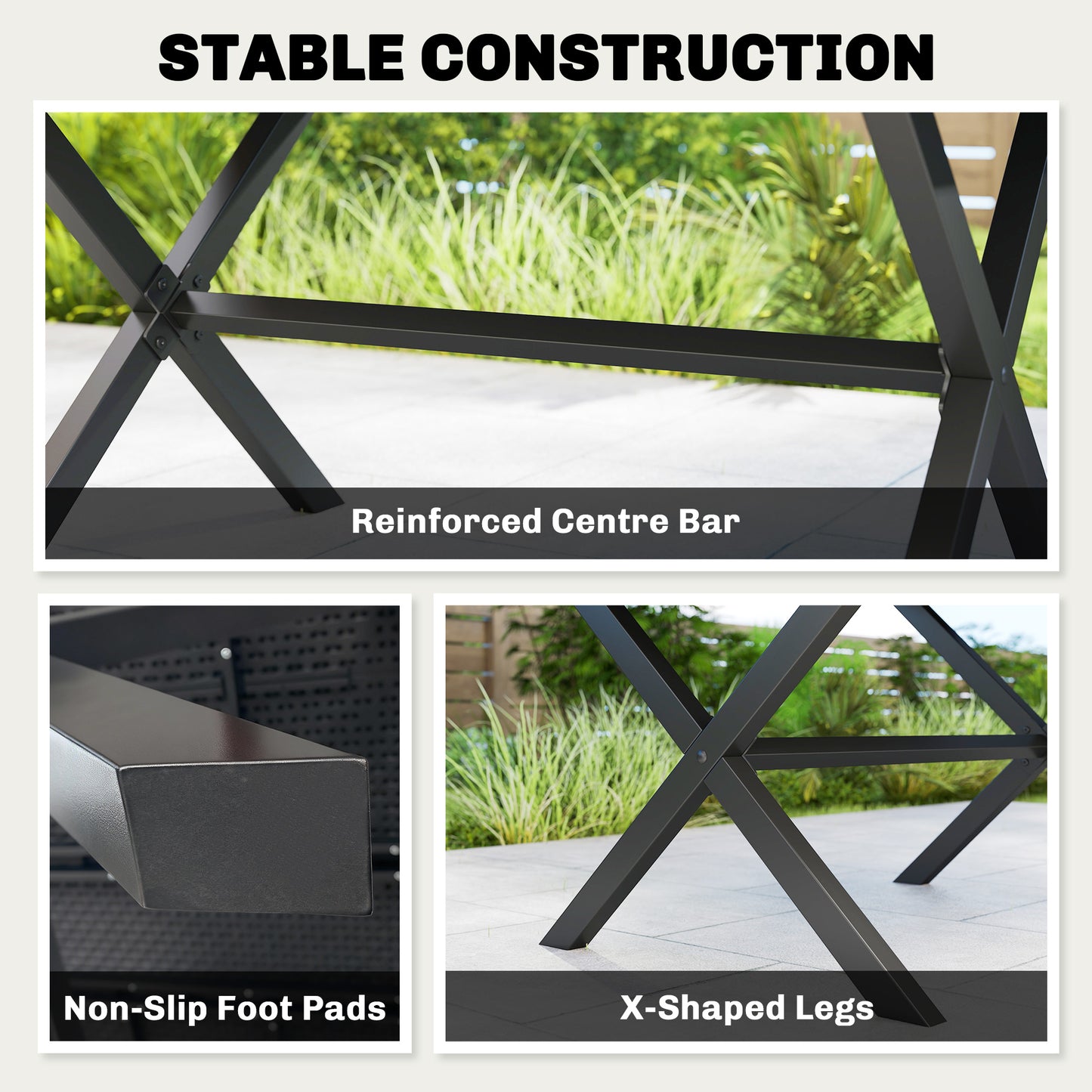 Garden Dining Table for 6, Rectangular Outdoor Table with Wood Effect HDPE Top, X-Shaped Metal Legs, Black