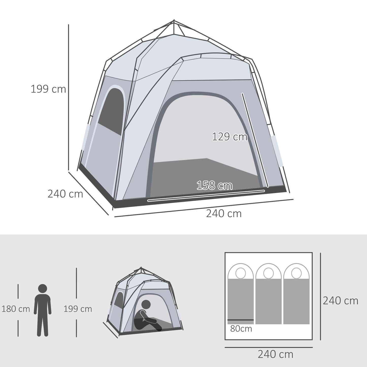 3 Person Automatic Camping Tent, Outdoor Pop Up Tent, Portable Backpacking Dome Shelter, Light Grey