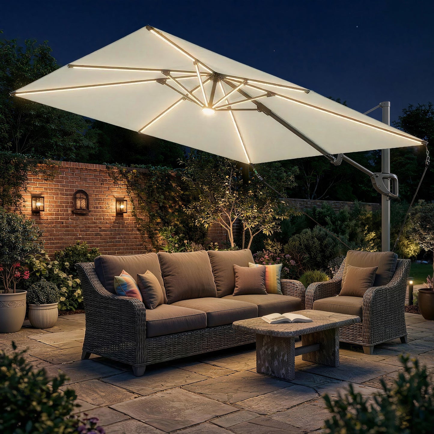 3 x 3 m Garden Cantilever Parasol w/ Light, Cover, UPF50+ Patio Umbrella w/ Wind Protection, 360° Rotation, Cream White