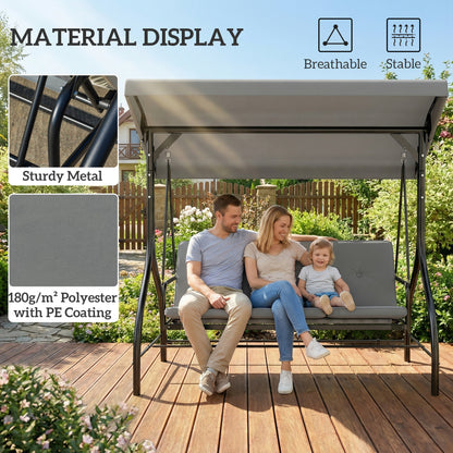 3 Seater Canopy Swing Chair, 2 in 1 Garden Swing Seat Bed, with Adjustable Canopy and Metal Frame, Light Grey
