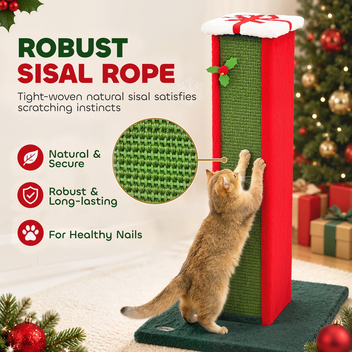 Cat Scratching Post for Indoor Cats, 81cm Tall Cat Scratcher with Sisal Rope, Hanging Bell Toy, Stable Base, Green & Red